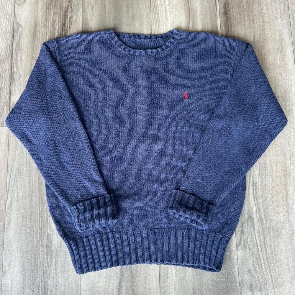 Vintage 90's Polo Ralph Lauren Navy blue cotton knit sweater with red logo